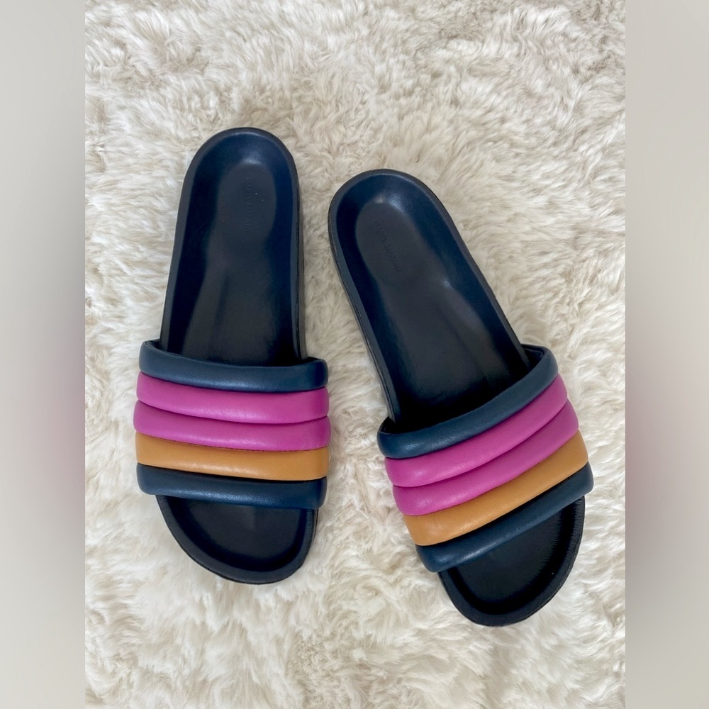 Isabel Marant Navy Slide Sandals with Pink and Tan Straps